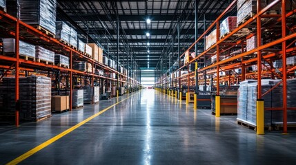 Poster - A large warehouse is filled with product filled storage racks