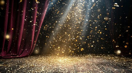 Poster - Spotlight Shines On Stage With Golden Confetti Falling