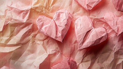 Poster - Pink Paper Hearts Scattered Across A Wrinkled Pink Background