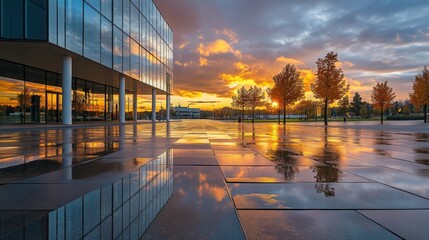 Poster - Reflective glass building reflects colorful sunset over modern park