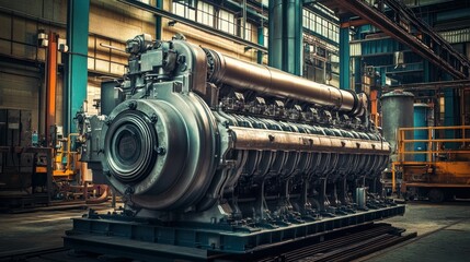 Poster - Large Industrial Diesel Engine Placed Inside a Factory Workshop