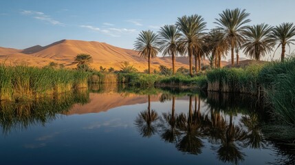 Poster - Scenic oasis water reflecting palm trees and desert mountains at sunset