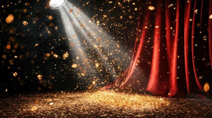 Poster - A spotlight shines on red drapes and golden glitter