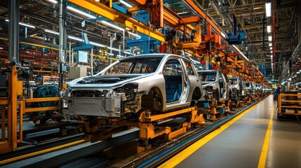 Poster - Automobile Bodies Being Assembled Along an Industrial Production Line