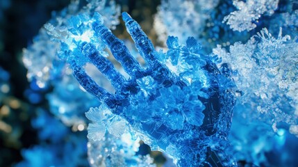 Poster - A frozen hand with glowing features and decorative icy flowers
