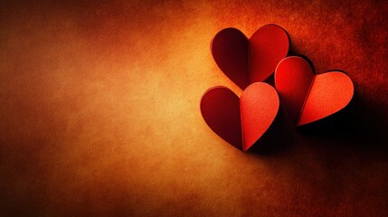 Poster - Three red paper hearts rest on an orange gradient background