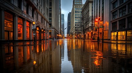 Poster - Reflective city street on a rainy day with tall buildings