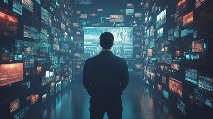 Poster - A Man Looks at Digital Screens in a Futuristic Corridor