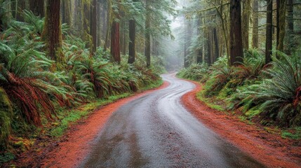 Poster - A Winding Road Through a Dense Green and Brown Forest