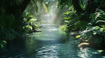 Poster - The Beautiful Lush Green Forest Stream and Waterfall Landscape