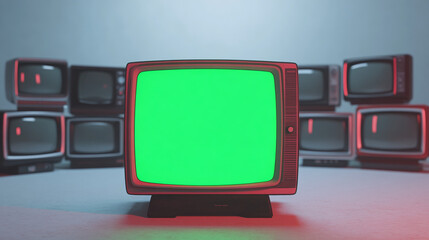 Fototapete - big television centered in front of stack of classical old televisions, aged green screen tv monitors panorama vintage chrome key TVs vintage video element cinematic red lighting composition