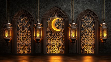 Aufkleber - Golden Crescent Moon Lanterns Hanging on Dark Textured Background