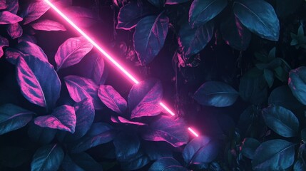 Poster - Pink Neon Light Illuminates Green Plants in the Dark