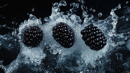 Poster - Three Blackberries Being Submerged In Splashing Clear Water