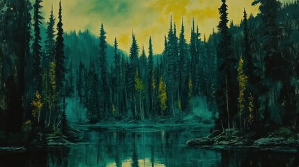 Aufkleber - Dark forest scene depicts a lake surrounded by tall evergreen trees
