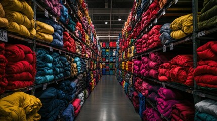 Poster - A Vast Warehouse Showcases Shelves Filled With Colorful Textiles