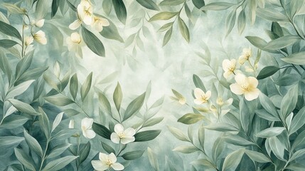 Poster - Beautiful green leaves and white flowers gently fill the frame
