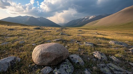 Poster - Large boulder sits in a grassy valley with mountains in background