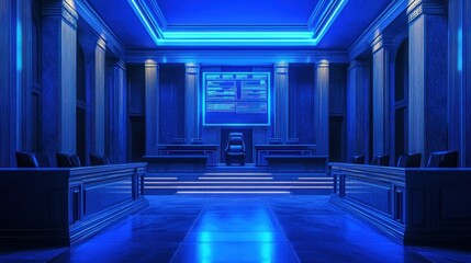 Poster - An Imposing Blue Lit Conference Room with Large Columns