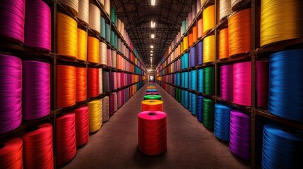 Poster - Rows of Colorful Yarn Spools Stored in a Large Warehouse