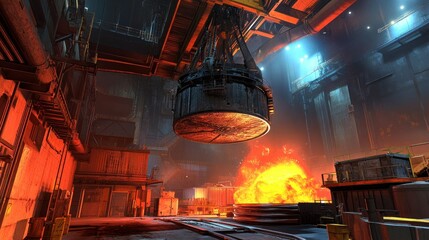 Poster - The industrial steel mill is a fiery furnace with a crane