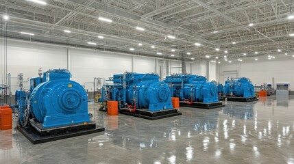 Poster - These blue machines are located in a large industrial setting