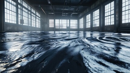 Poster - A spacious industrial building with rippled water flooding the floor
