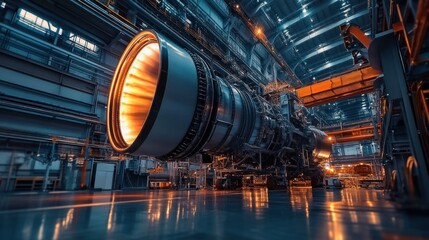 Poster - A large jet engine is located inside a large building