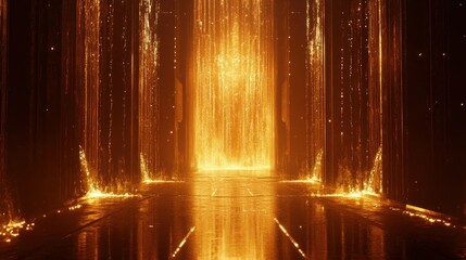 Poster - Abstract golden waterfalls cascading into a reflective glowing floor area