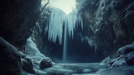 Poster - An icy waterfall is seen cascading within a dark cavern