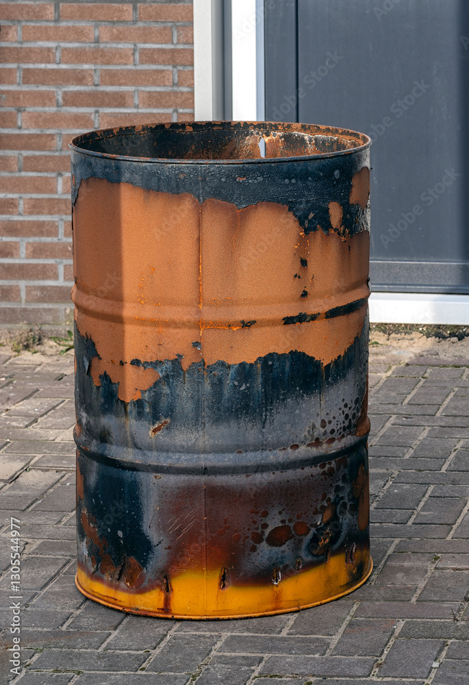 rusty brown black oil barrel stands outside on the street in front of a door