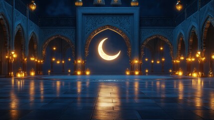 Poster - A crescent moon illuminated inside a mosque at night