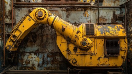 Poster - A Yellow Industrial Machine Standing Against Rusting Steel Background