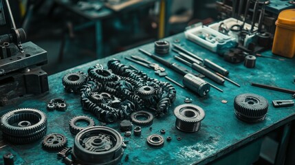 Poster - Gears and mechanical tools scattered across a worktable inside a shop