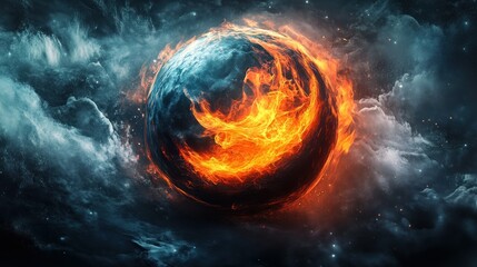 Poster - A burning planet is surrounded by swirling smoke and stardust in space