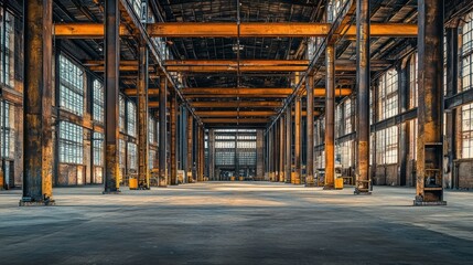 Poster - An industrial warehouse space with metal beams and large windows