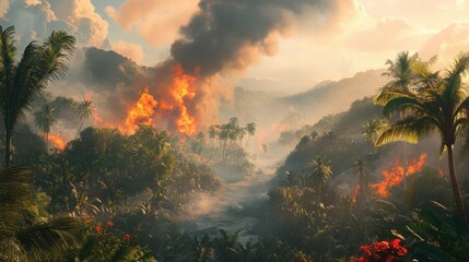 Poster - A fiery jungle scene depicts destruction with smoke and fire