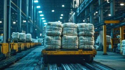Poster - Bundled goods on a rail cart within a warehouse are visible