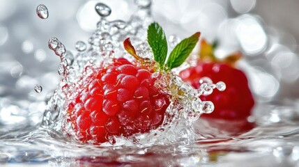 Poster - Red Raspberry Splashing Water And Creating Motion Across The Surface