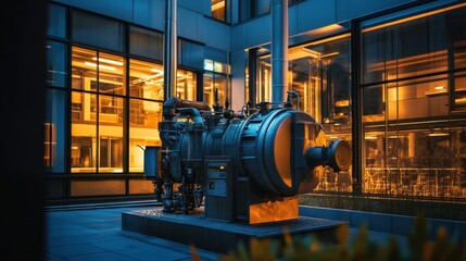 Poster - An industrial machine sits outside a modern building at dusk