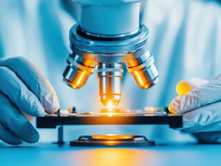 Poster - close-up shot of a laboratory microscope with metal lens focusing on specimen slide
