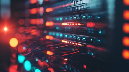 Aufkleber - Close-up view of network cables connected to tech equipment rack. Colorful lights illuminate tech components, showing modern communication systems, advanced connectivity.  3k Resolution 