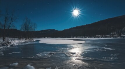 Poster - The bright moon illuminates a frozen lake and snow covered landscape