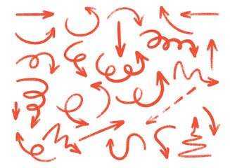 Poster - Red crayon arrow collection with diverse directional markers on white background. Hand drawn pointers for infographics, presentations or education design. Brush stroke indicators with grunge texture.