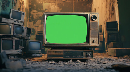 Poster - artistic 3d rendered composition stack old classic television with green screen monitors random positions in empty room dynamic composition cinematic lighting video element chroma key video element