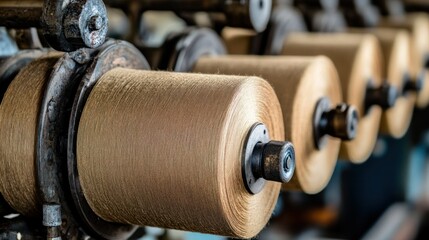 Poster - Beige spools of yarn on a spinning machine at work