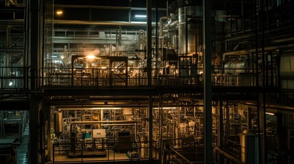 Poster - Complex industrial facility with glowing lights and steam escaping everywhere