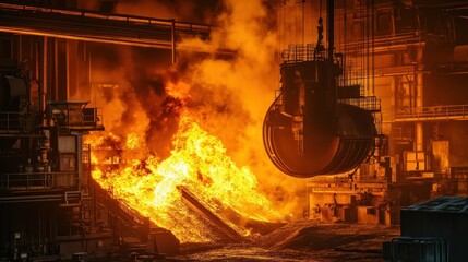 Poster - Molten metal pouring from a ladle in an industrial environment
