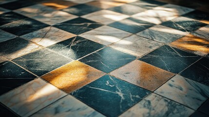 Poster - A closeup of a checkered floor with various colors and textures