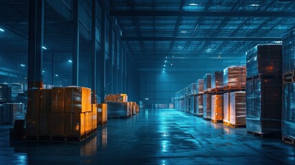 Poster - Warehouse interior showing organized storage and lighting with boxes